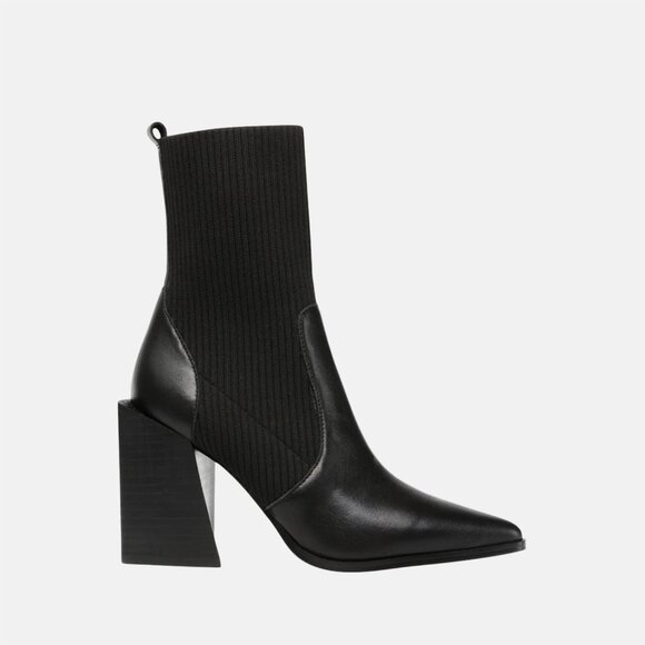 Women's Black Chunky Stacked Heel Ankle Boots Pointed Toe Slip On Booties - Picture 4 of 6